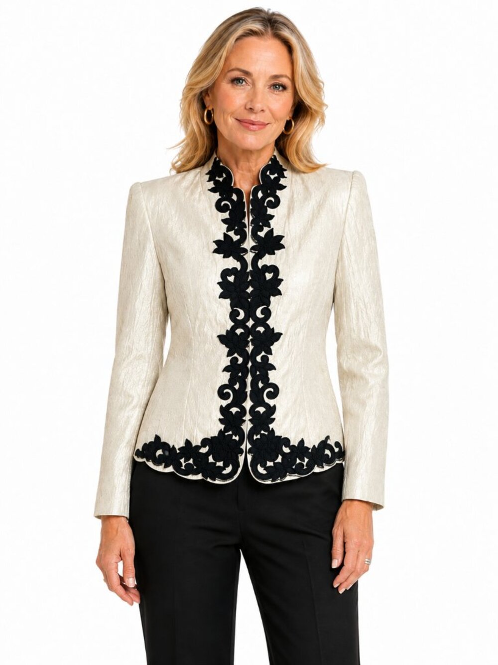 VICTOR COSTA Cream Shimmer Blazer Black Floral Applique Trim Snap Closure Size 6